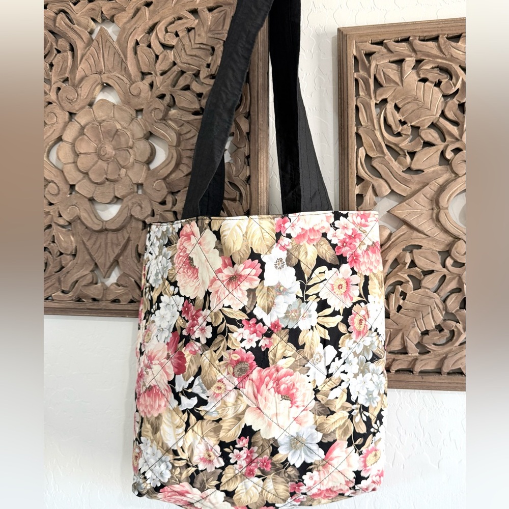 Floral Quilted Big Tote Bag Handmade Lined Padded Fabric Jewel Black New totes